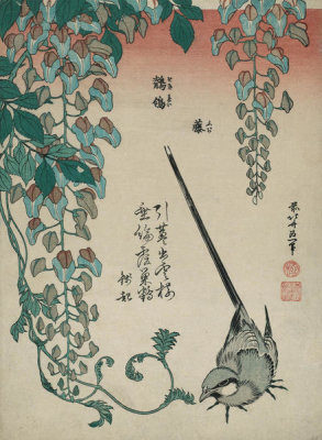 Katsushika Hokusai - Wisteria and Wagtail (Fuji, sekirei), about 1834
